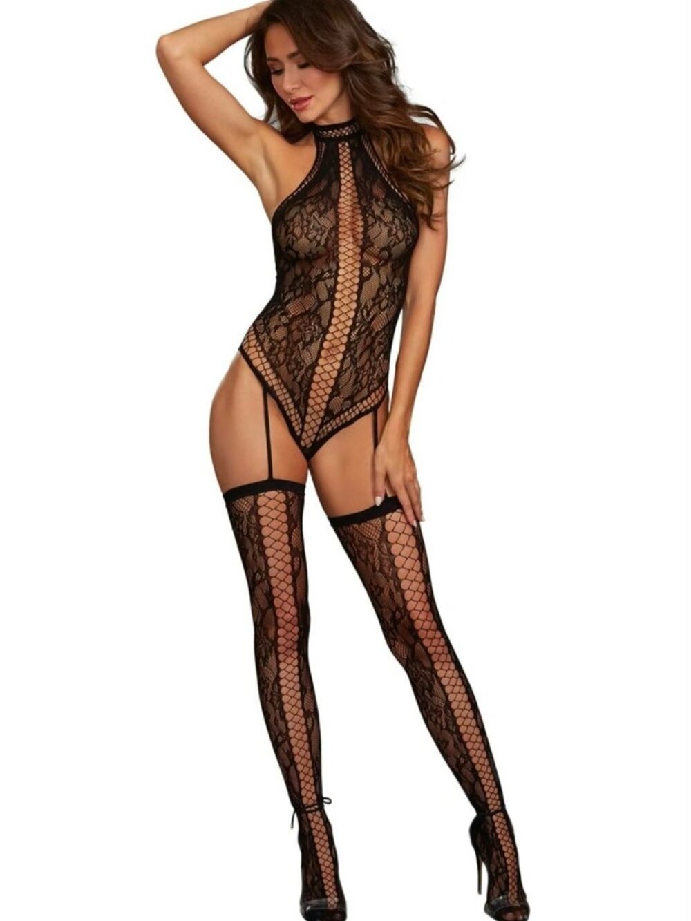 Dreamgirl Black Lace Teddy Bodystocking Attached Stockings One Size 0329